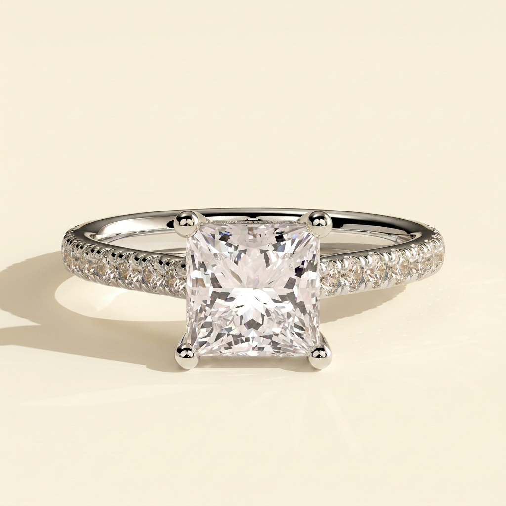 The Tivona - Princess Cut Lab Grown Diamond Four Claw Solitaire with Hidden Halo and Pave Band Engagement Ring