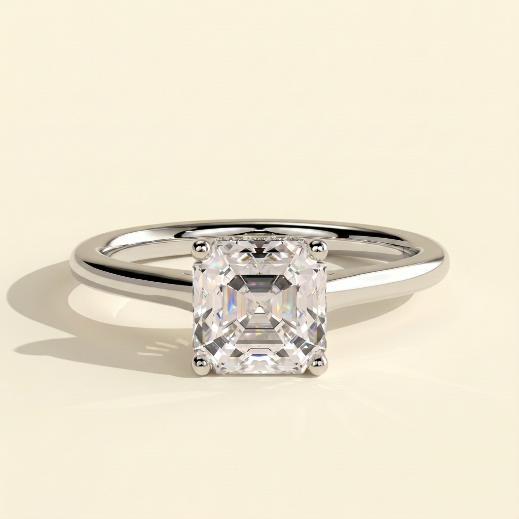The Novalie - Asscher Cut Lab Grown Diamond Four Claw Hidden Halo Solitaire Engagement Ring