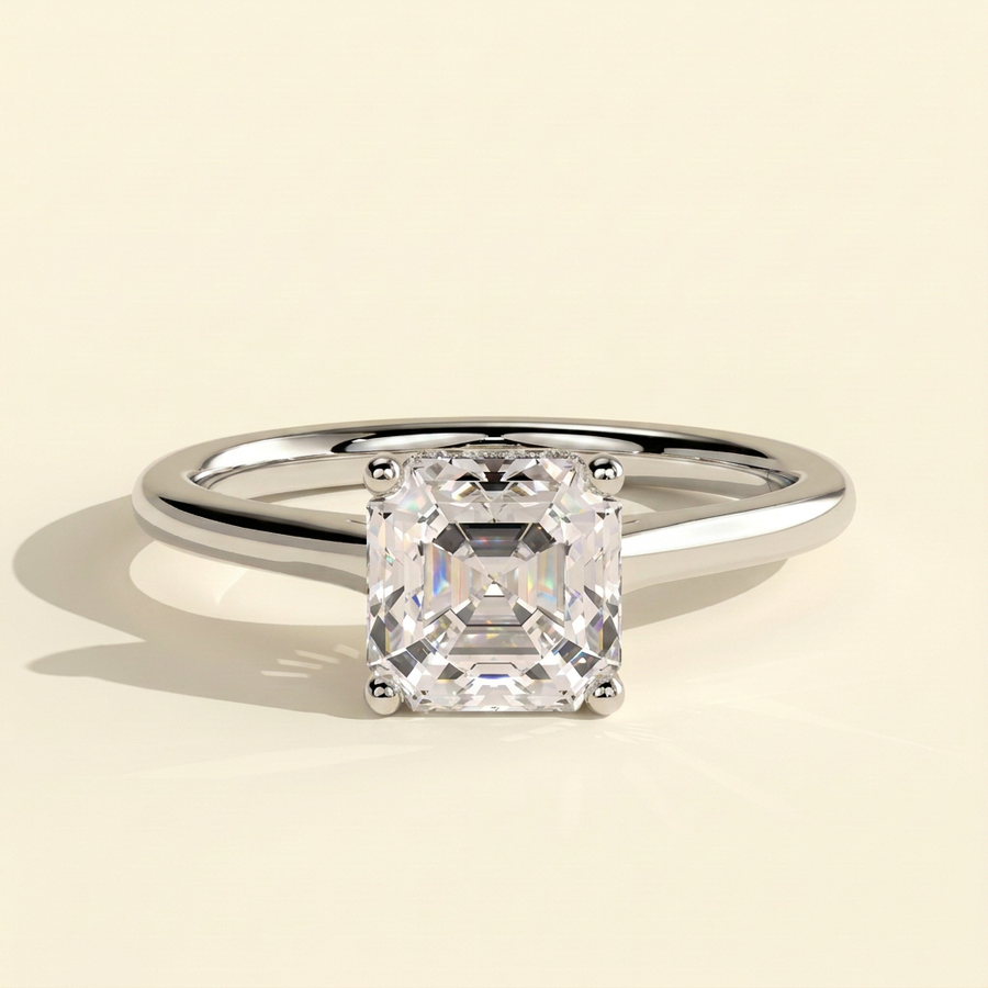 The Novalie - Asscher Cut Lab Grown Diamond Four Claw Hidden Halo Solitaire Engagement Ring - White Gold