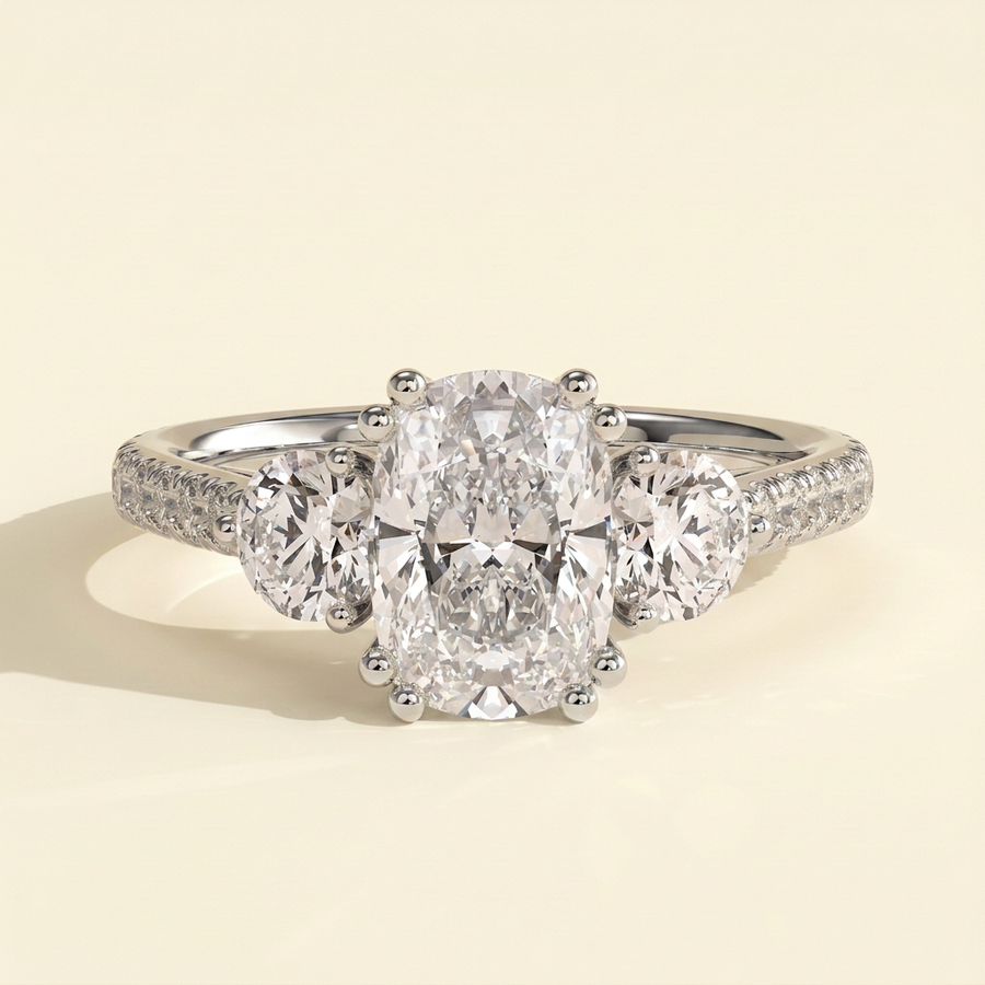 The Ivara - Elongated Cushion Cut Lab Grown Diamond Double Claw Three Stone with Pave Band and Cathedral Setting Engagement Ring - White Gold