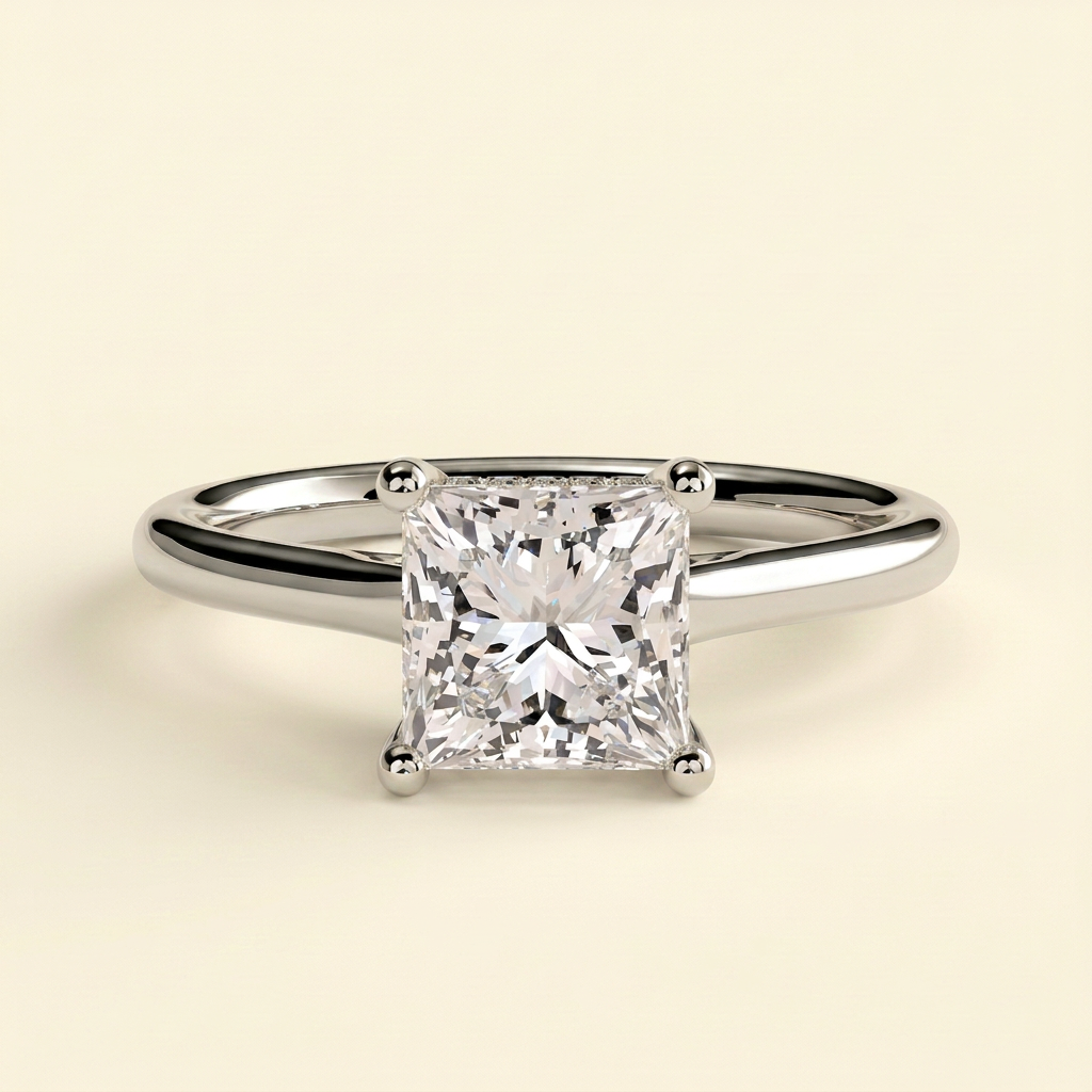 The Zemira - Princess Cut Lab Grown Diamond Hidden Halo Solitaire with Cathedral High Setting Engagement Ring