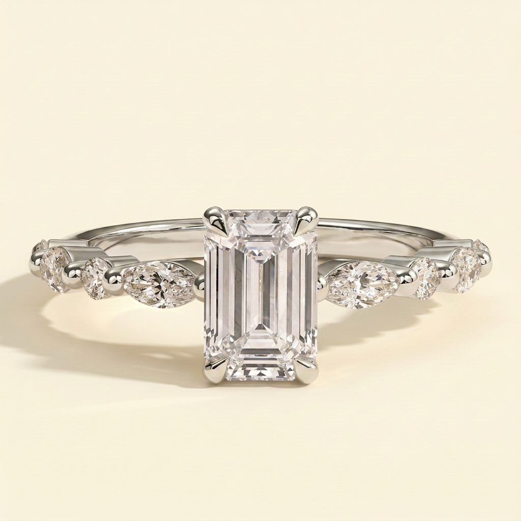 The Jora - Emerald Cut Lab Grown Diamond Solitaire with Marquise and Round Accent Band Engagement Ring
