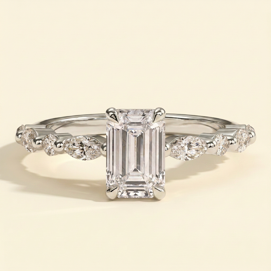 The Jora - Emerald Cut Lab Grown Diamond Solitaire with Marquise and Round Accent Band Engagement Ring - White Gold