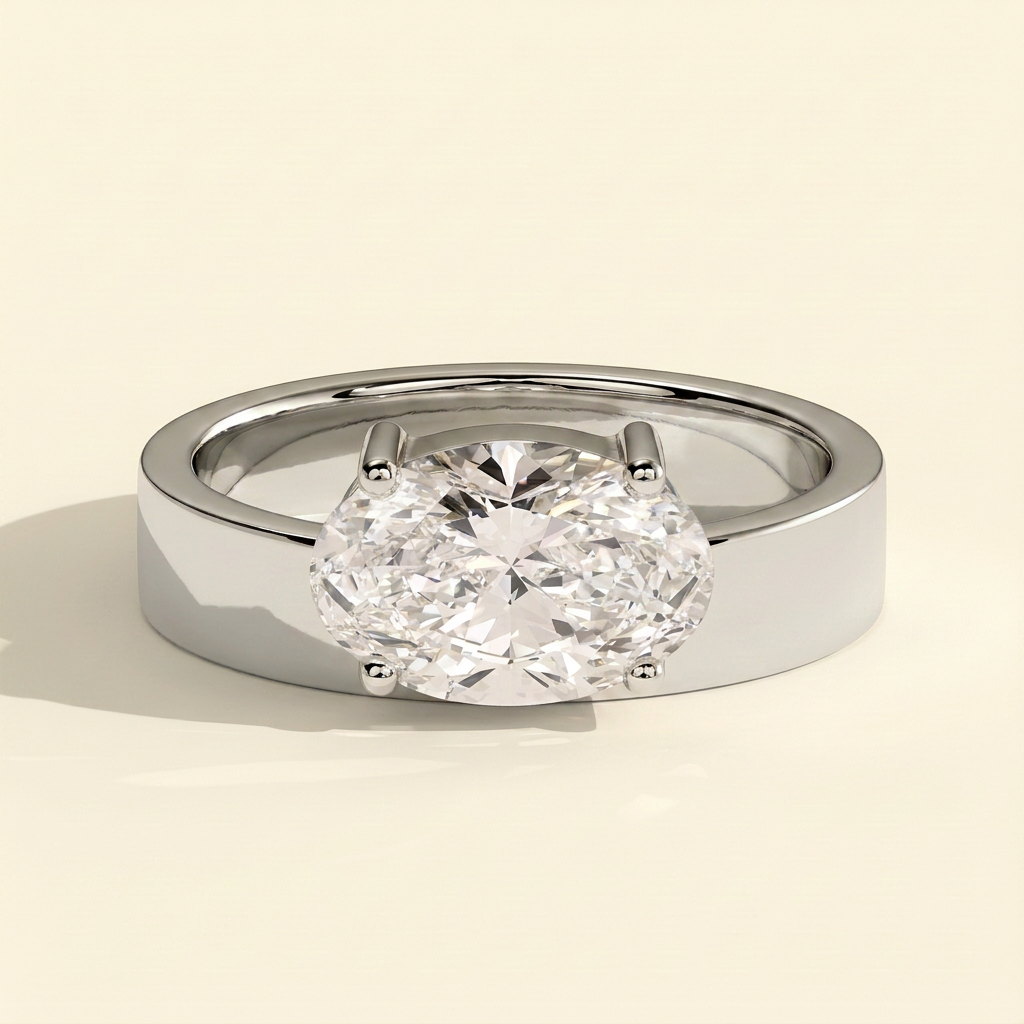 The Sella - Oval Cut Lab Grown Diamond East West Offset Solitaire with Flat Cigar Band Engagement Ring