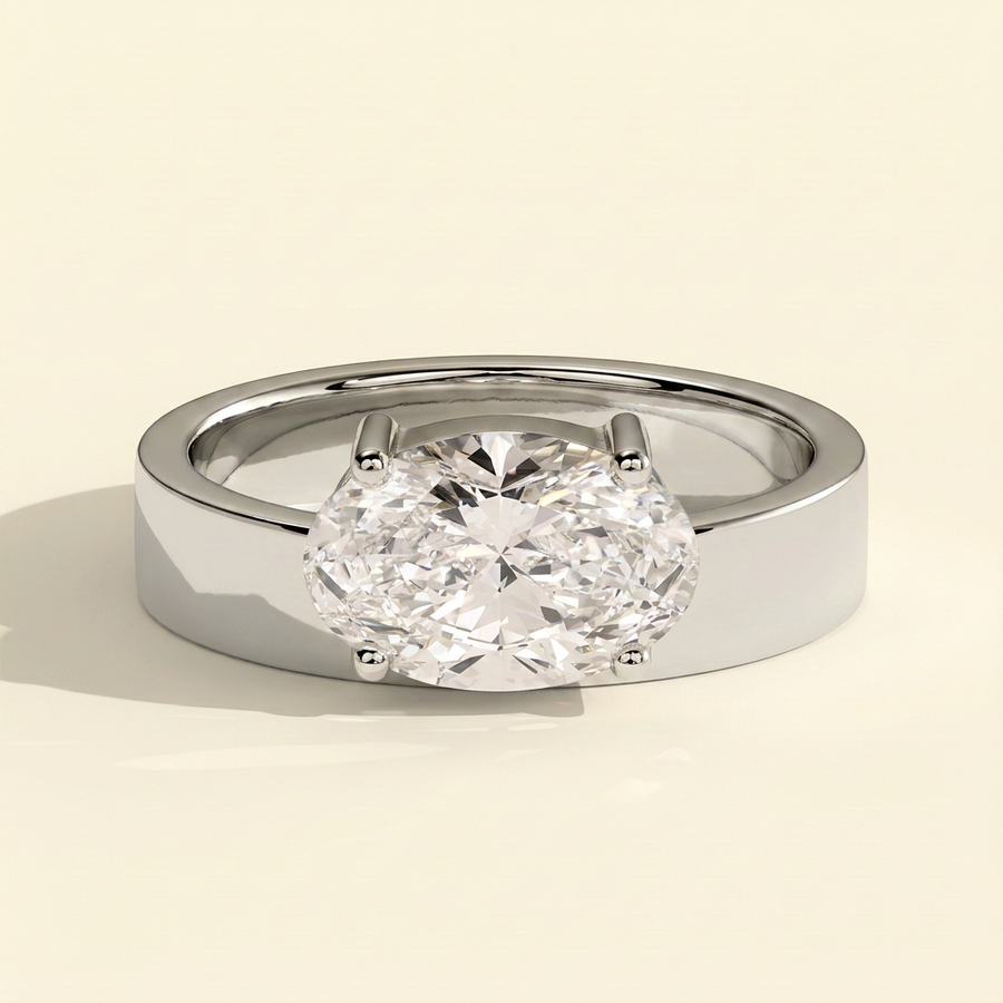 The Sella - Oval Cut Lab Grown Diamond East West Offset Solitaire with Flat Cigar Band Engagement Ring - White Gold