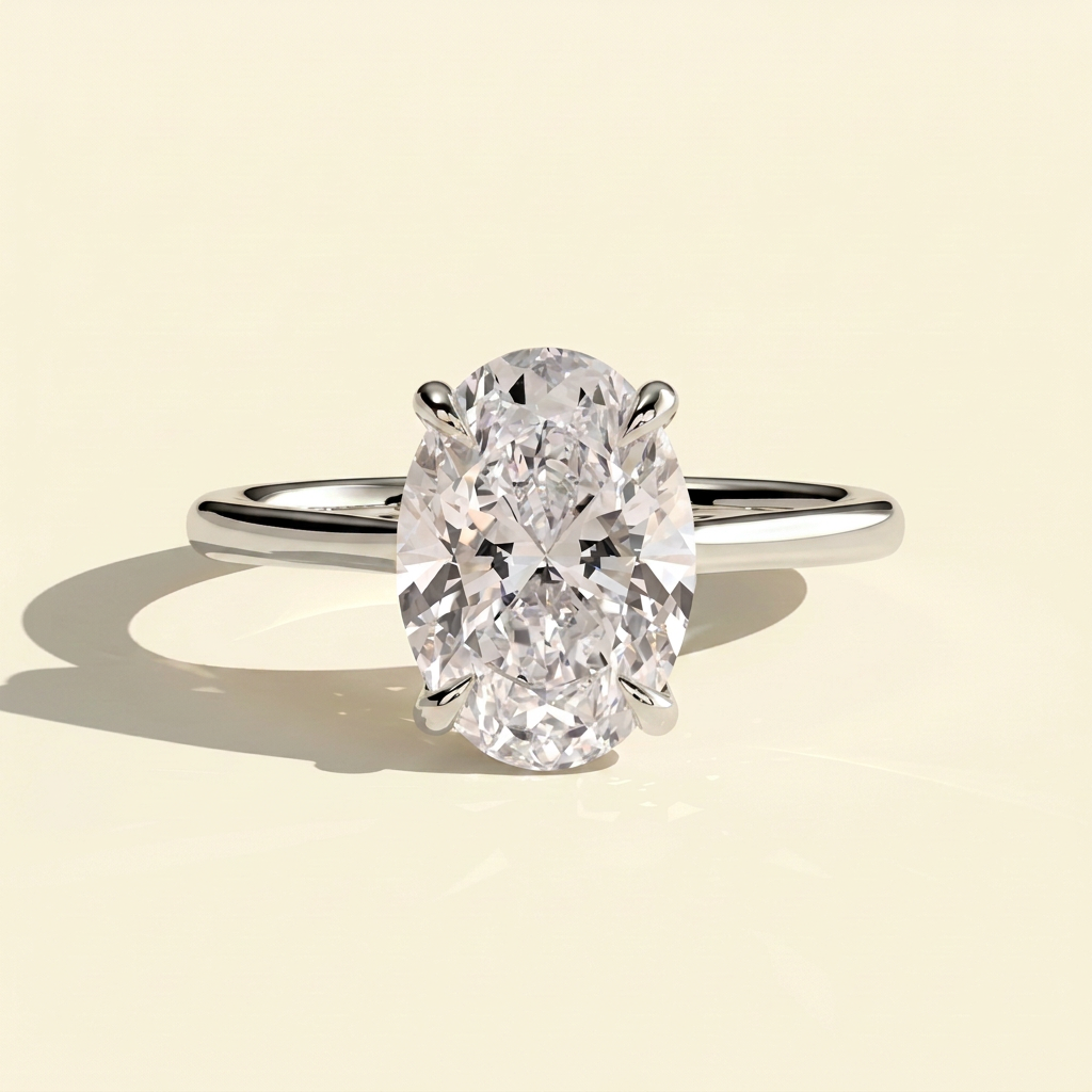 The Talia - Oval Cut Lab Diamond Solitaire with Hidden Halo and Cathedral Setting Ring