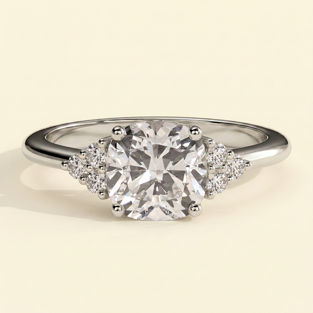 The Starla - Cushion Cut Lab Grown Diamond Four Claw Low Set Solitaire with Round Side Stones Engagement Ring