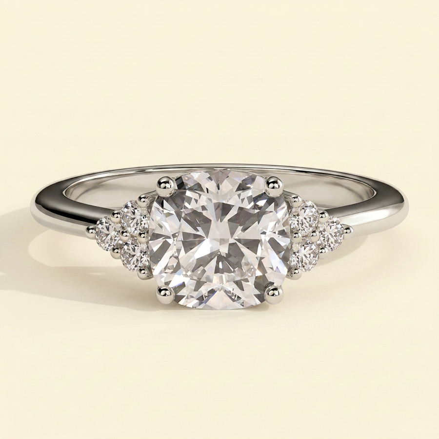The Starla - Cushion Cut Lab Grown Diamond Four Claw Low Set Solitaire with Round Side Stones Engagement Ring - White Gold