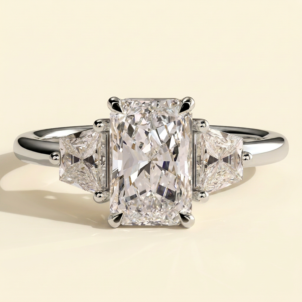 The Celene - Radiant Cut Lab Grown Diamond Trilogy with Trapezoid Side Stones in Low Setting Engagement Ring