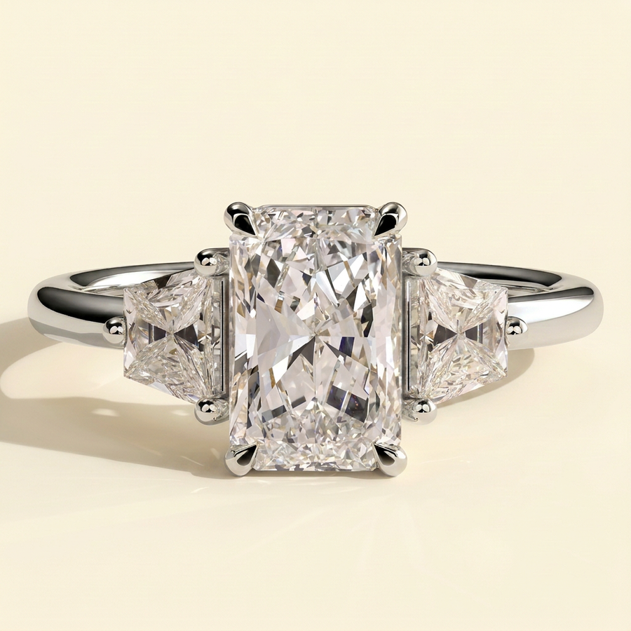 The Celene - Radiant Cut Lab Grown Diamond Trilogy with Trapezoid Side Stones in Low Setting Engagement Ring - White Gold