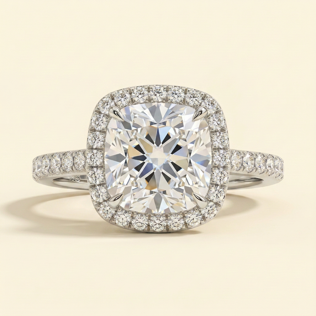 The Brillia - Cushion Cut Lab Grown Diamond Halo Engagement Ring with Pave Band