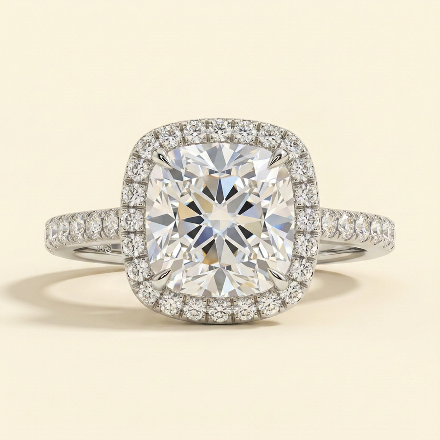 The Brillia - Cushion Cut Lab Grown Diamond Halo Engagement Ring with Pave Band - White Gold