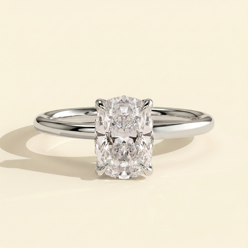 The Ulani - Elongated Cushion Cut Lab Grown Diamond Claw Solitaire with Petal Gallery and Accent Leaf Detail Engagement Ring