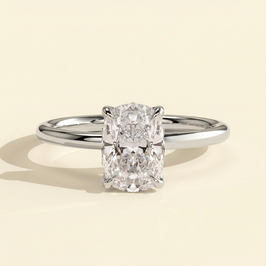 The Ulani - Elongated Cushion Cut Lab Grown Diamond Claw Solitaire with Petal Gallery and Accent Leaf Detail Engagement Ring - White Gold