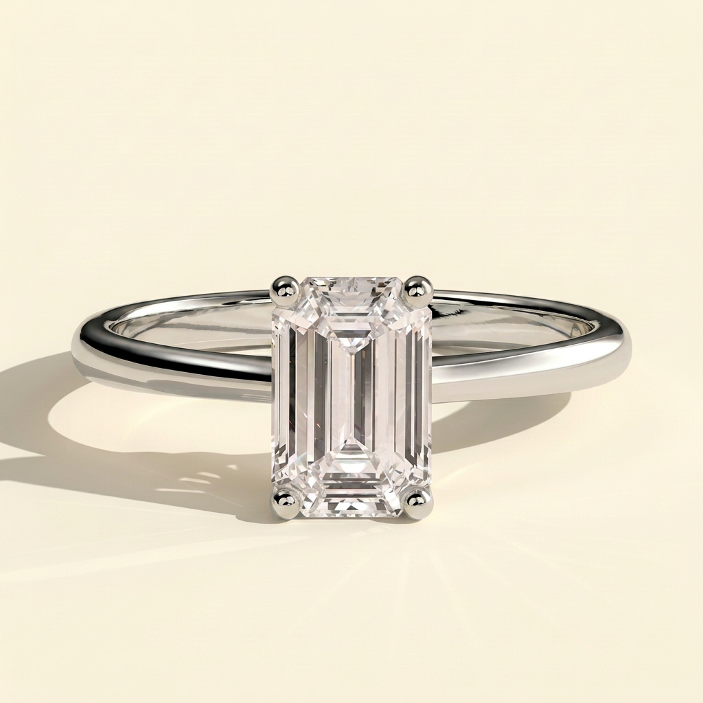 The Lera - Emerald Cut Lab Grown Diamond Four Claw Low Set Solitaire Engagement Ring