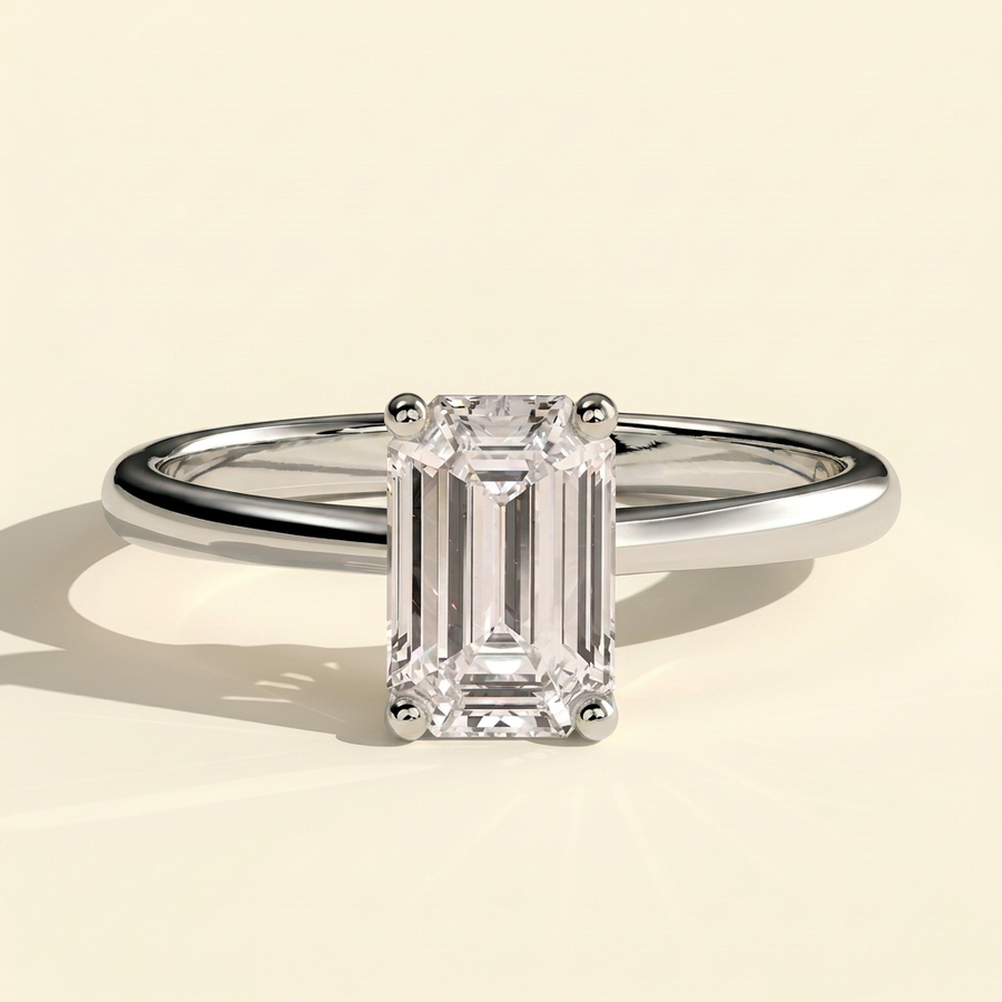 The Lera - Emerald Cut Lab Grown Diamond Four Claw Low Set Solitaire Engagement Ring - White Gold