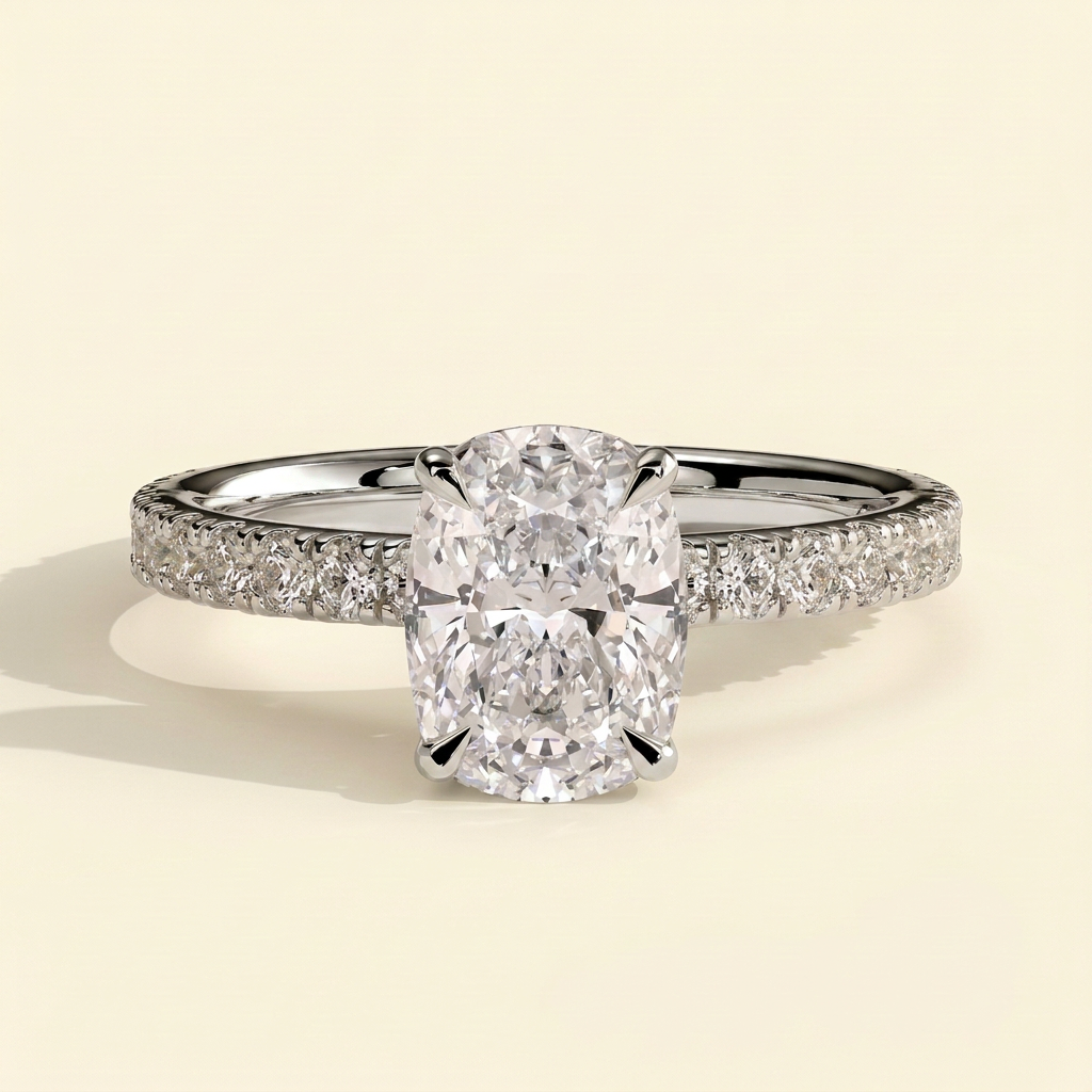 The Etoile - Elongated Cushion Lab Diamond Solitaire with Hidden Halo and Pave Band Ring