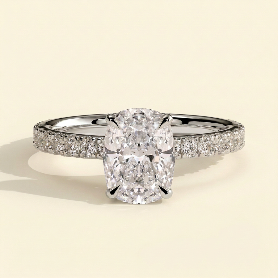 The Etoile - Elongated Cushion Lab Diamond Solitaire with Hidden Halo and Pave Band Ring - White Gold