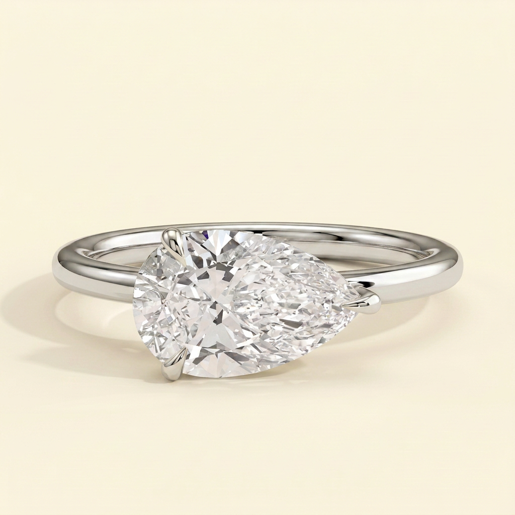 The Riona - Pear Cut Lab Grown Diamond East West Solitaire with Raised Basket Gallery Engagement Ring