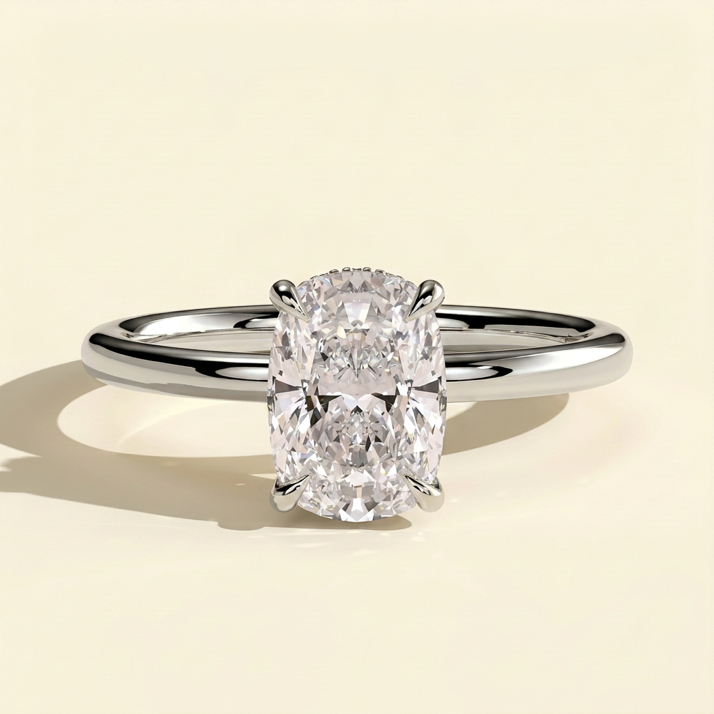 The Neve - Elongated Cushion Cut Lab Grown Diamond Solitaire with Wrap Around Hidden Halo Engagement Ring