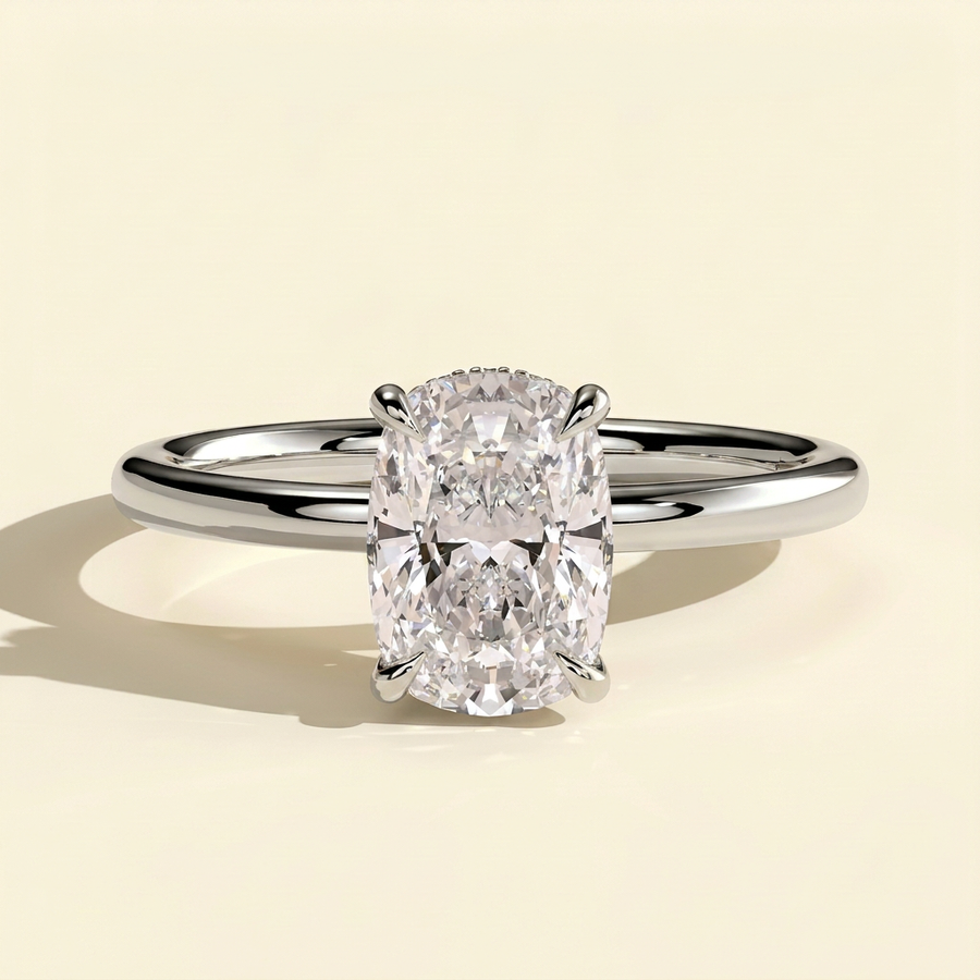 The Neve - Elongated Cushion Cut Lab Grown Diamond Solitaire with Wrap Around Hidden Halo Engagement Ring - White Gold