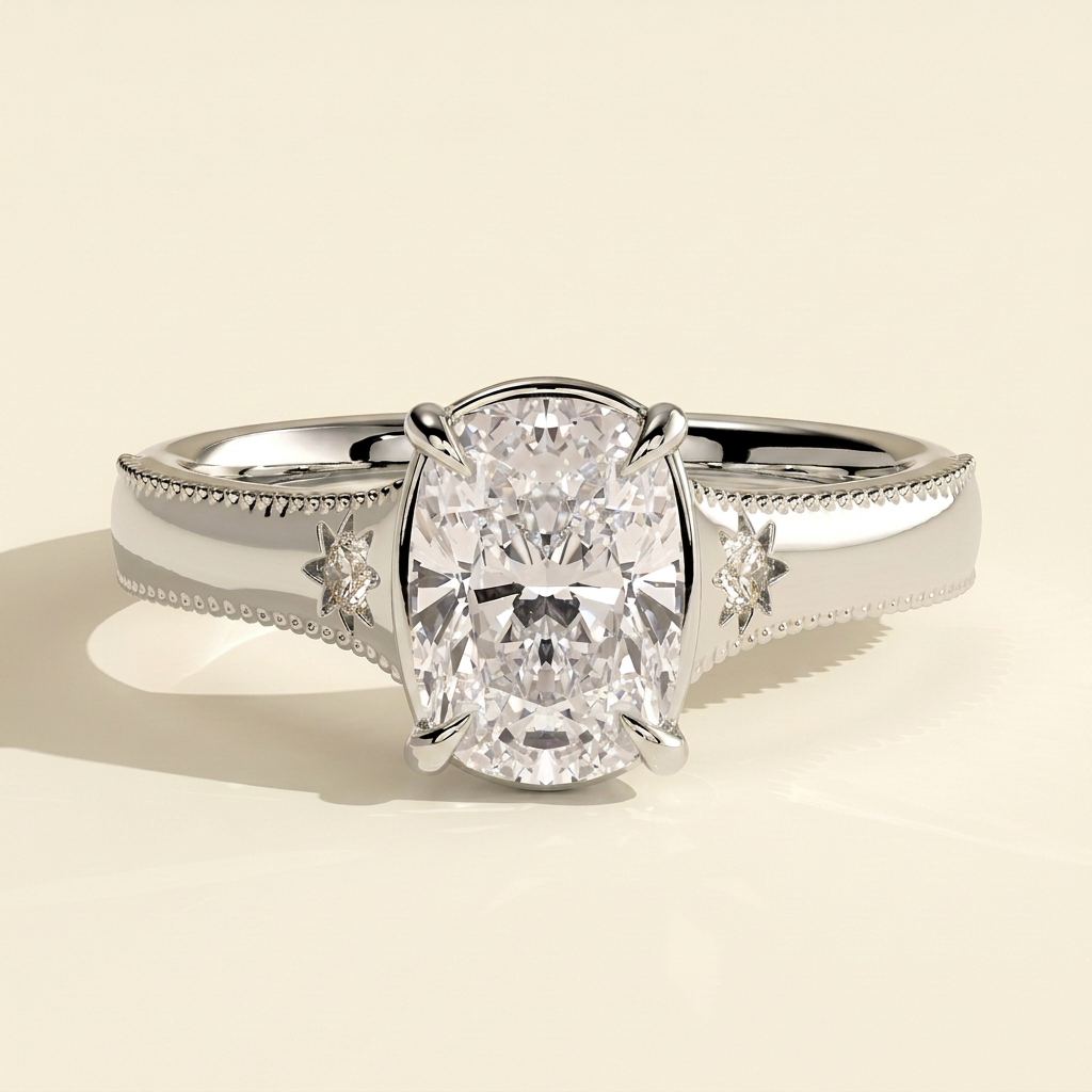 The Elysse - Elongated Cushion Cut Lab Grown Diamond Vintage Bezel Solitaire with Star Set Accents and Milgrain Engagement Ring
