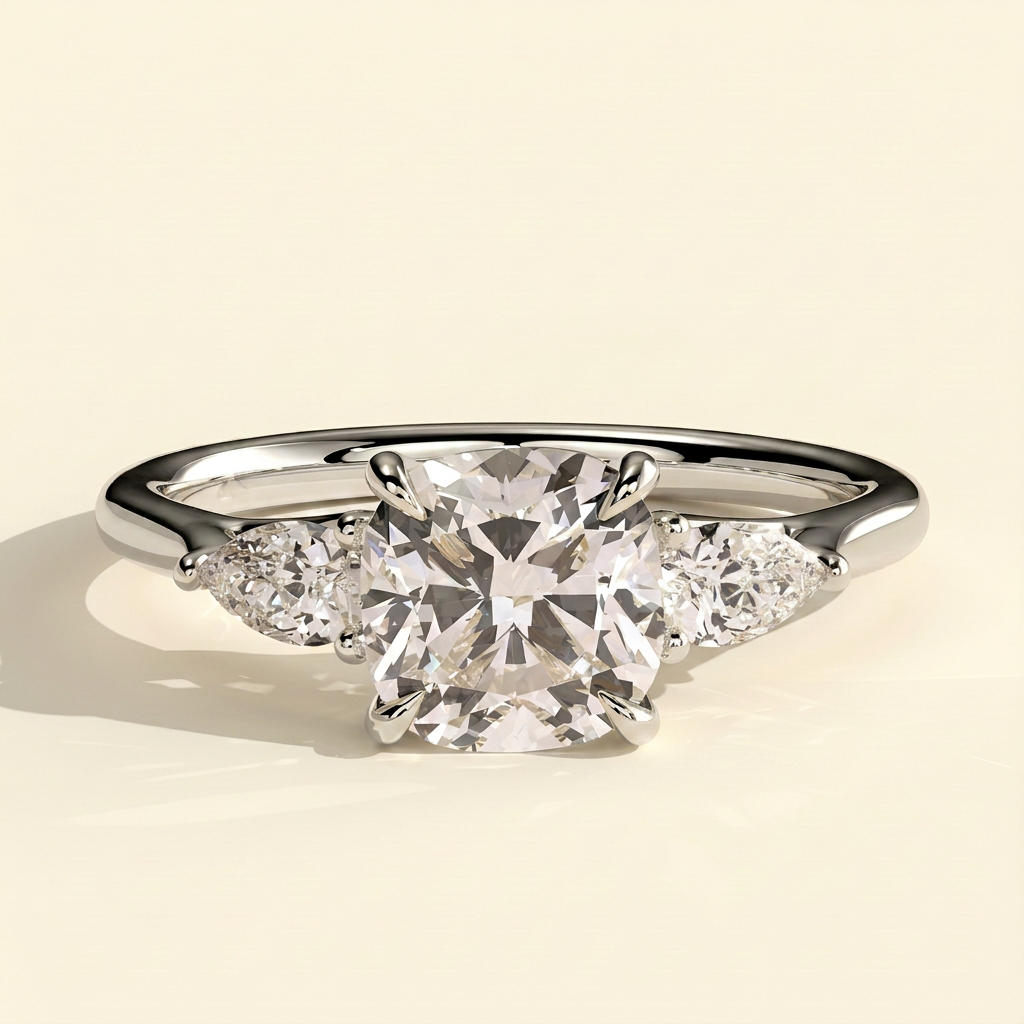 The Leonie - Cushion Cut Lab Grown Diamond Three Stone Engagement Ring with Woven Trellis Setting