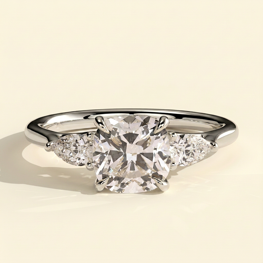 The Leonie - Cushion Cut Lab Grown Diamond Three Stone Engagement Ring with Woven Trellis Setting - White Gold