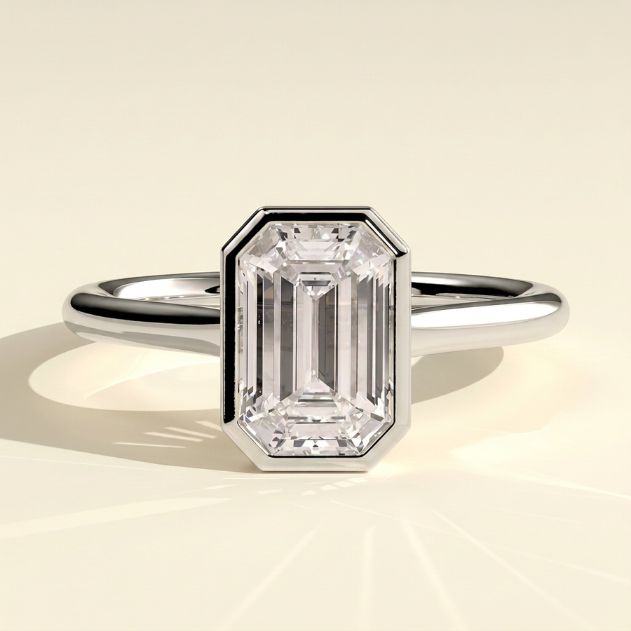The Gala - Emerald Cut Lab Grown Diamond Bezel Set Solitaire Engagement Ring - White Gold