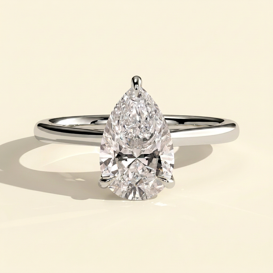 The Auva - Pear Cut Lab Grown Diamond Solitaire with Hidden Halo and Cathedral Setting Ring - White Gold