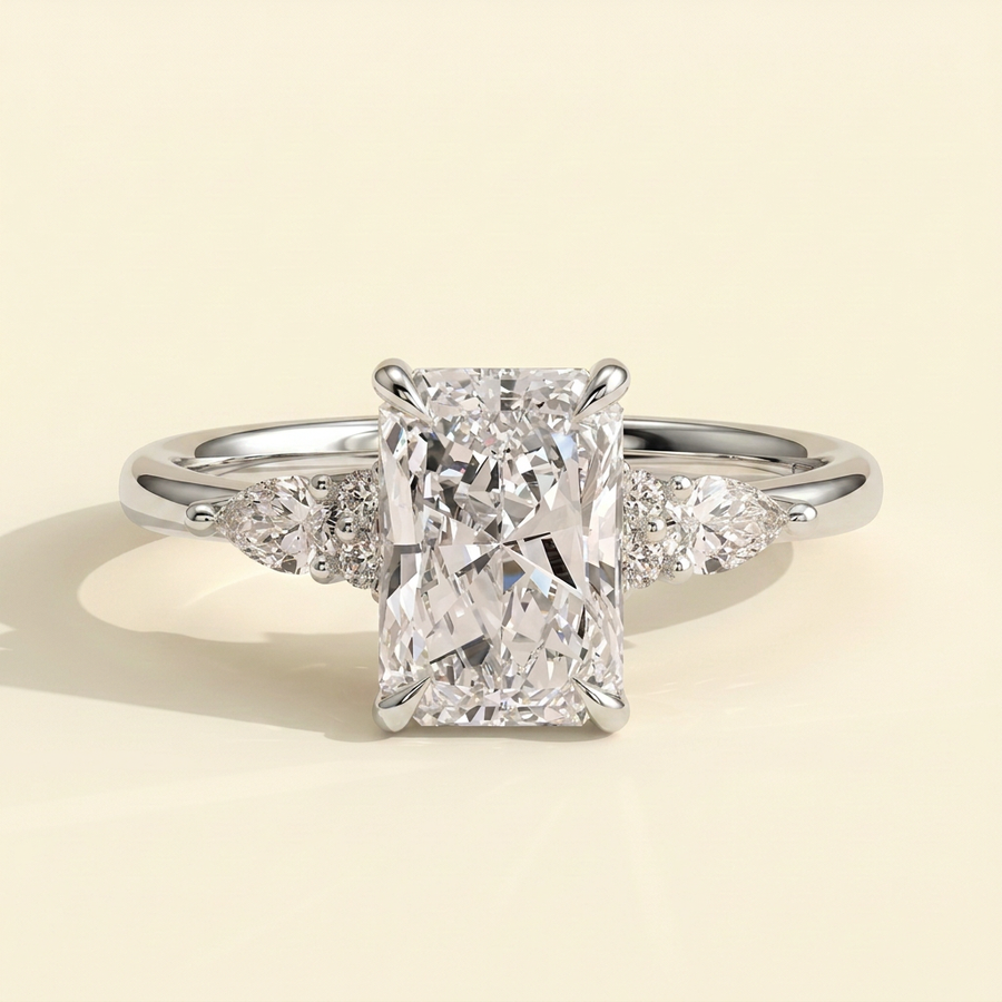 The Raina - Radiant Cut Lab Grown Diamond Three Stone Tulip Gallery Ring with Pear Side Stones - White Gold