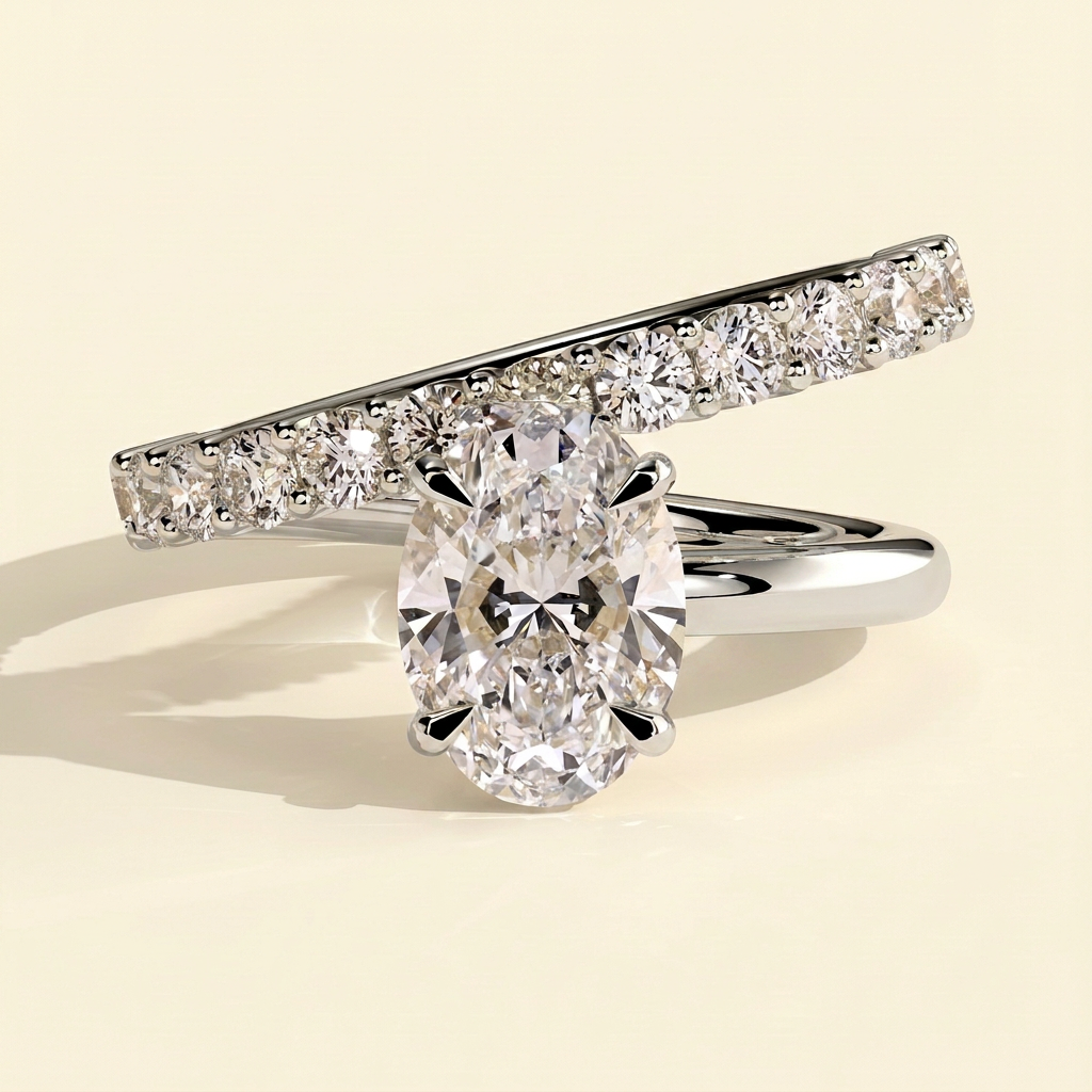The Veora - Oval Cut Lab Grown Diamond Solitaire with Angled Pave Band and a Half Engagement Ring