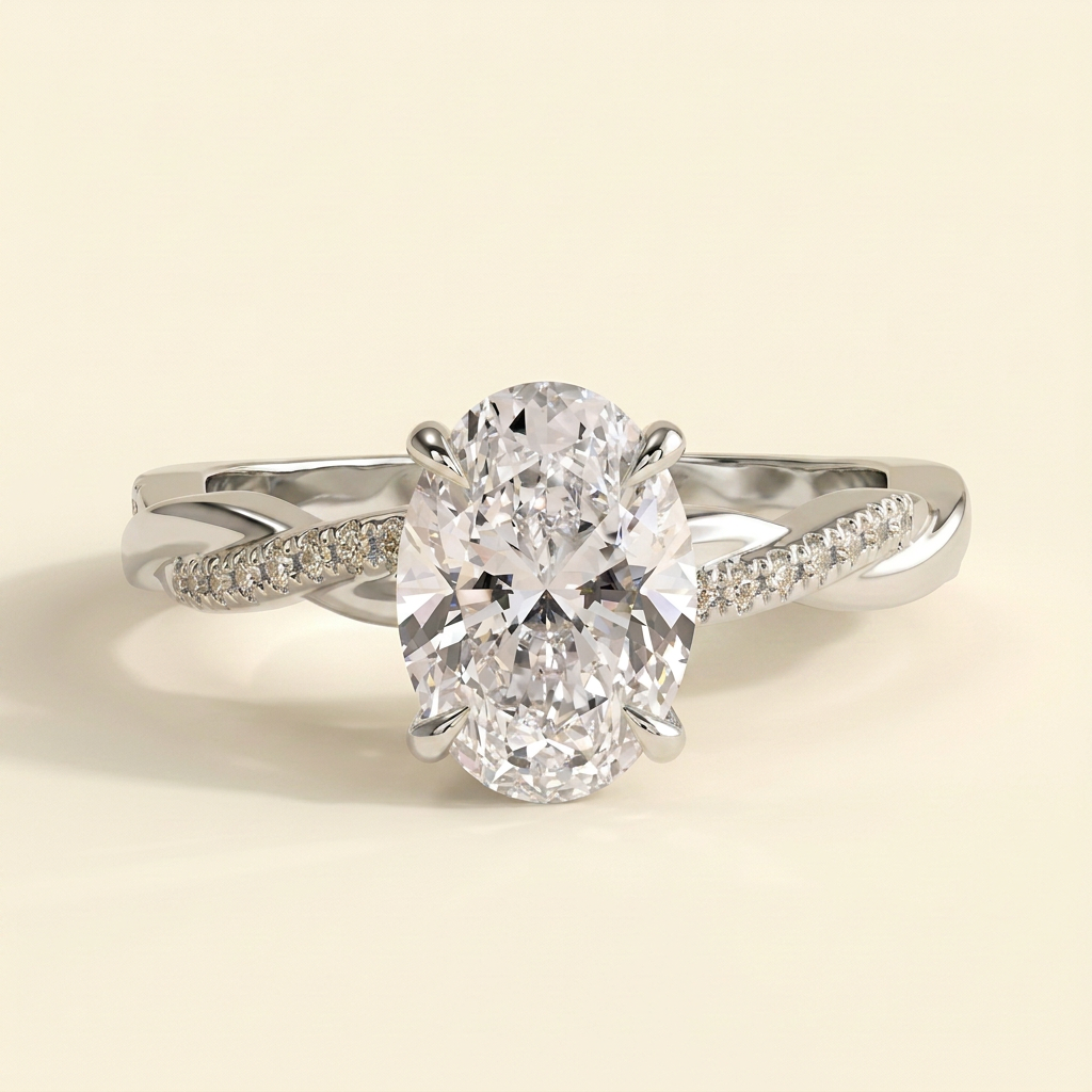 The Runa - Oval Cut Lab Grown Diamond Hidden Halo Solitaire with Braided Pave Band Engagement Ring