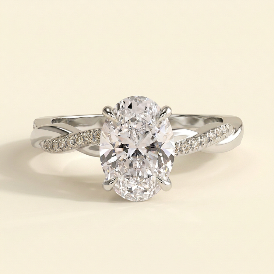 The Runa - Oval Cut Lab Grown Diamond Hidden Halo Solitaire with Braided Pave Band Engagement Ring - White Gold