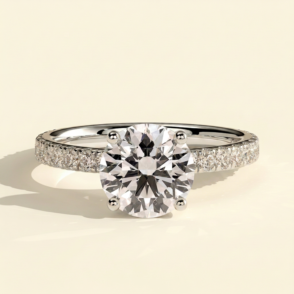 The Elena - Round Cut Lab Grown Diamond Solitaire with Hidden Halo and Pave Band Engagement Ring