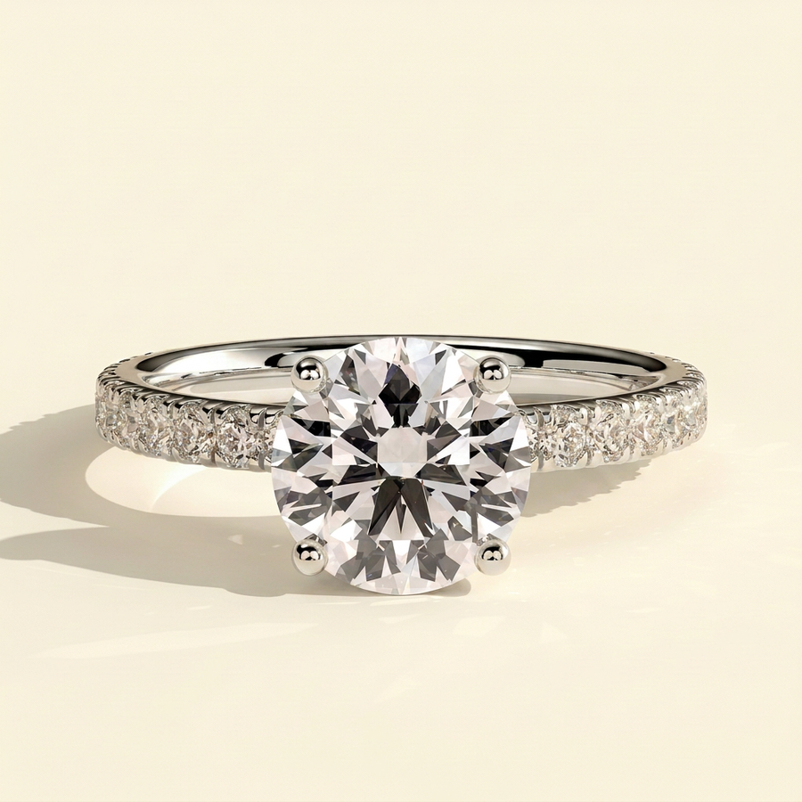 The Elena - Round Cut Lab Grown Diamond Solitaire with Hidden Halo and Pave Band Engagement Ring - White Gold