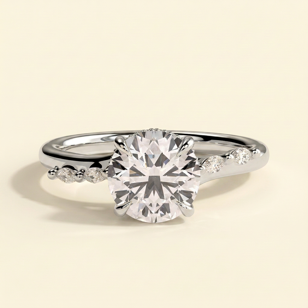 The Stelle - Round Cut Lab Grown Diamond Hidden Halo Solitaire with Opposing Marquise Accent Band Engagement Ring