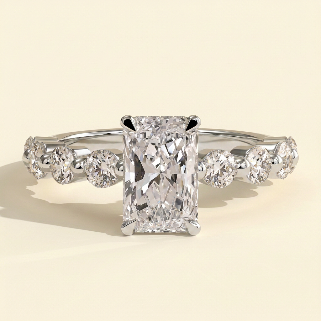 The Celia - Radiant Cut Lab Grown Diamond Four Claw Hidden Halo with Round Side Stones Engagement Ring