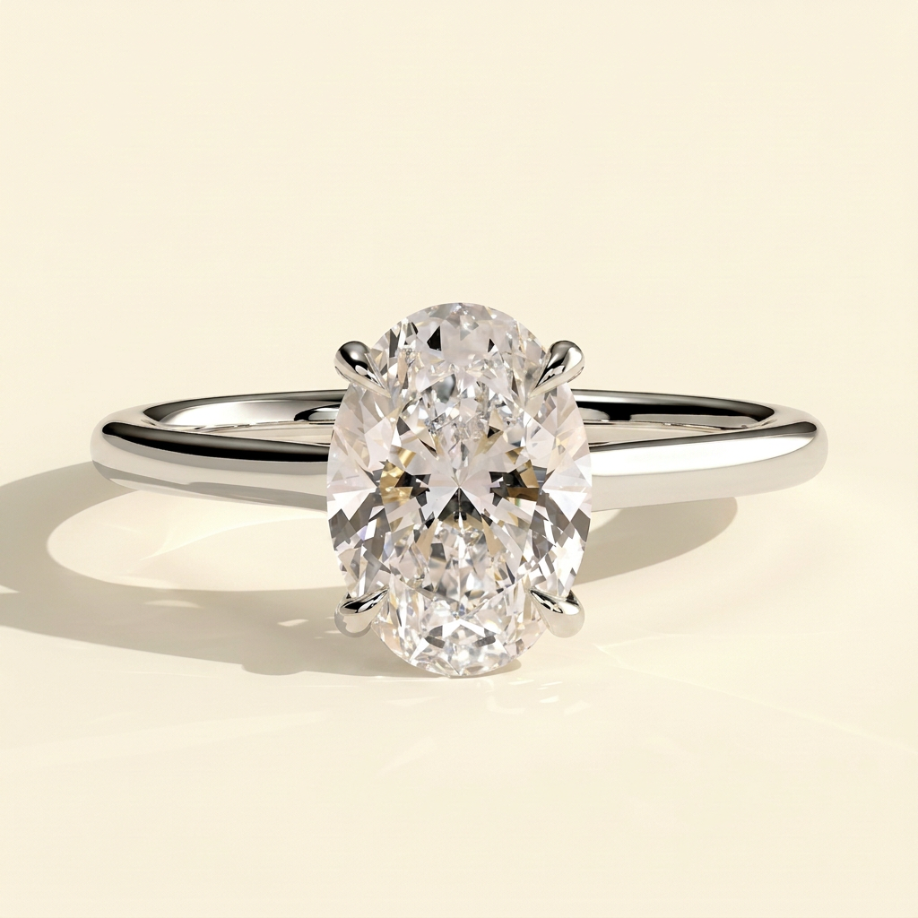 The Jovia - Oval Cut Lab Grown Diamond Four Claw Solitaire with Open Trellis Gallery Engagement Ring