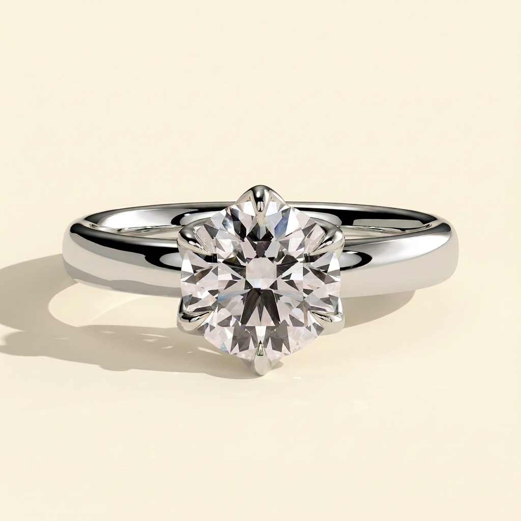The Rina - Round Cut Lab Grown Diamond Low Set Solitaire with Petal Claws and Cigar Band