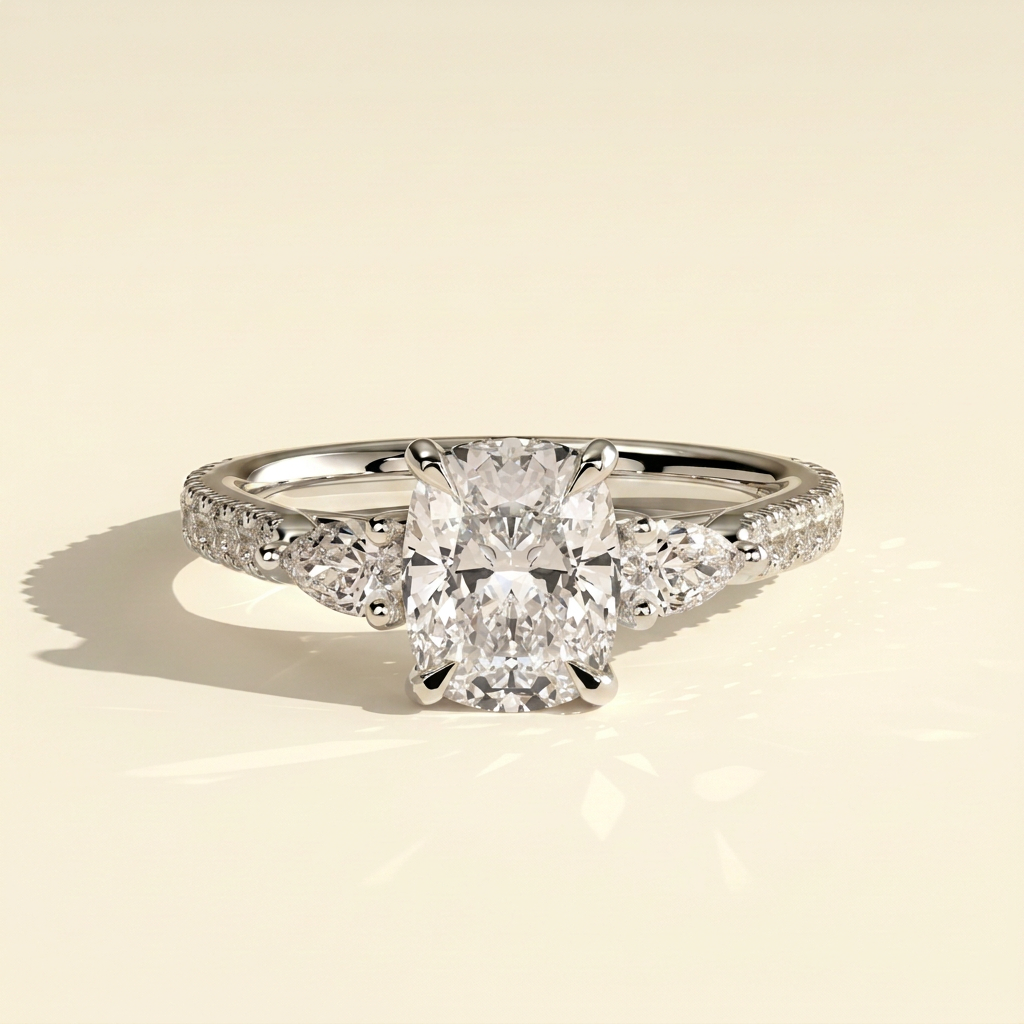 The Lyra - Elongated Cushion Cut Lab Grown Diamond Three Stone with Pave Band Engagement Ring