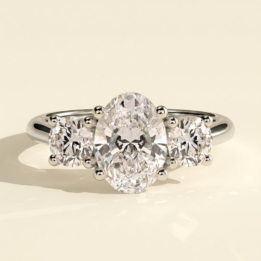 The Gemma - Oval Cut Lab Grown Diamond Three Stone Engagement Ring with Round Side Stones
