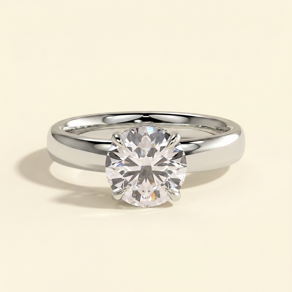 The Miela - Round Cut Lab Grown Diamond Four Claw Solitaire with Hidden Halo and Cigar Band Engagement Ring