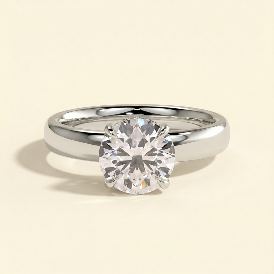 The Miela - Round Cut Lab Grown Diamond Four Claw Solitaire with Hidden Halo and Cigar Band Engagement Ring - White Gold