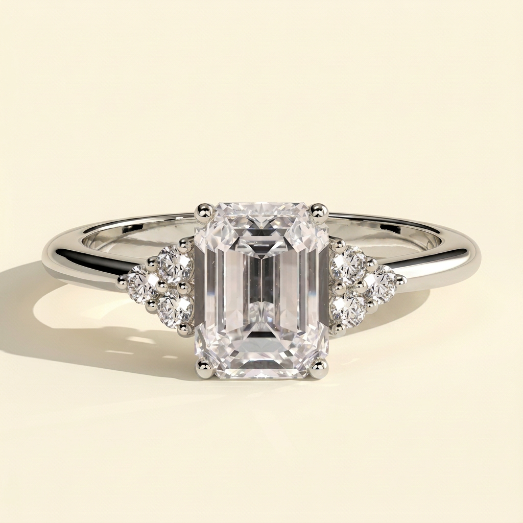 The Serene - Emerald Cut Lab Grown Diamond Low Set Solitaire with Round Shoulder Stones Engagement Ring