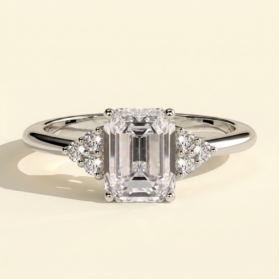 The Serene - Emerald Cut Lab Grown Diamond Low Set Solitaire with Round Shoulder Stones Engagement Ring - White Gold