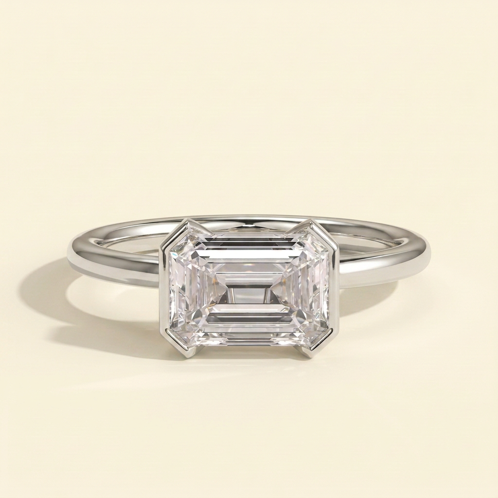 The Mara - Emerald Cut Lab Grown Diamond East West Half Bezel Solitaire Engagement Ring