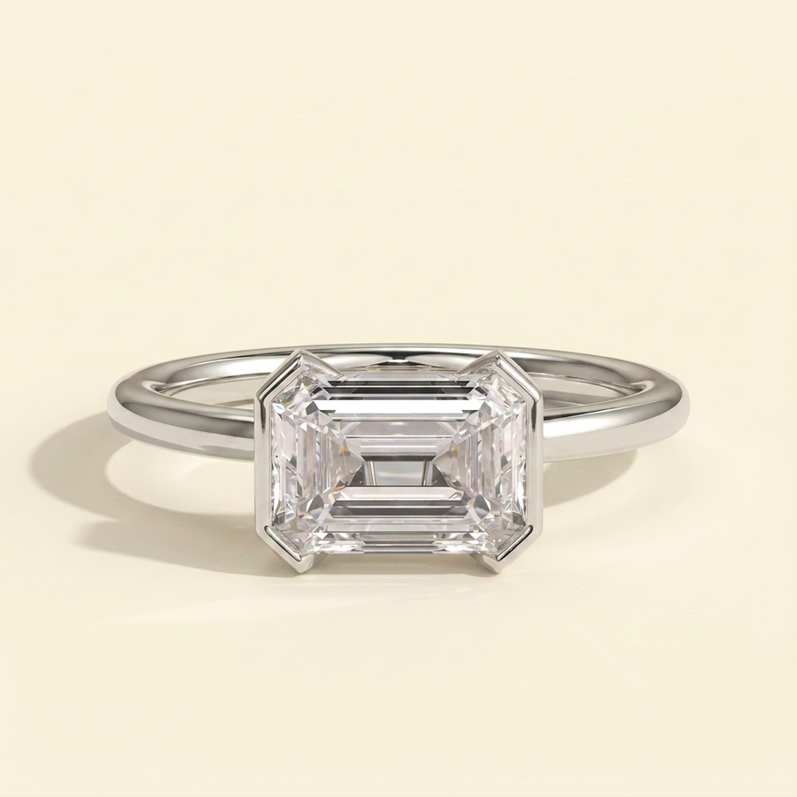 The Mara - Emerald Cut Lab Grown Diamond East West Half Bezel Solitaire Engagement Ring - White Gold