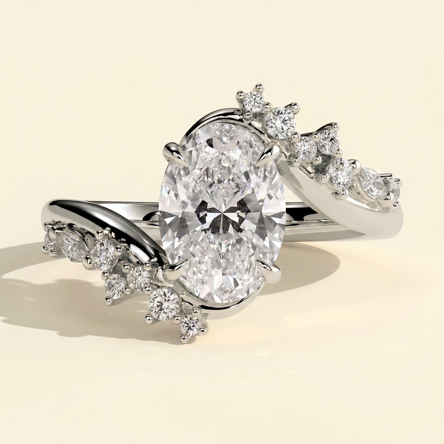 The Lelia - Oval Cut Lab Grown Diamond Bypass Band Engagement Ring with Accent Clusters - White Gold