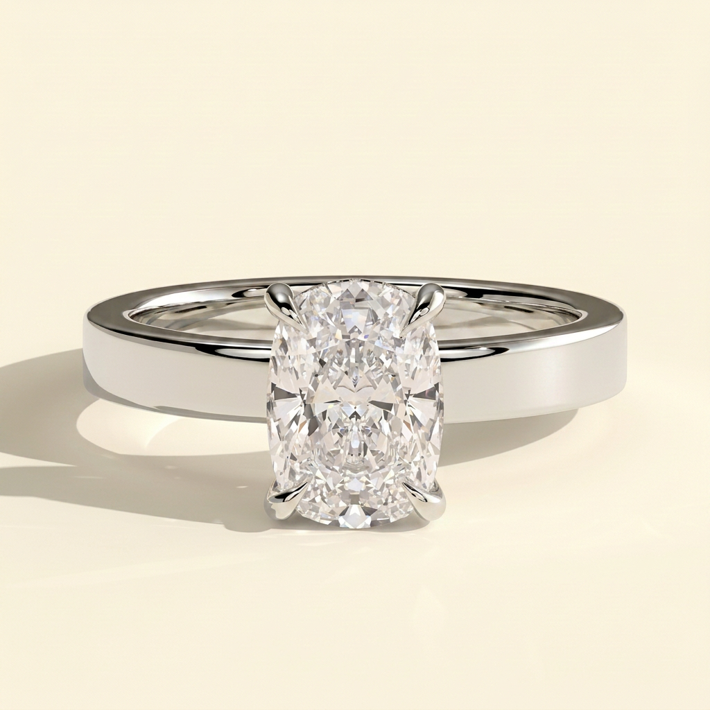 The Maris - Elongated Cushion Cut Lab Grown Diamond Hidden Halo Solitaire with Flat Cigar Band Engagement Ring
